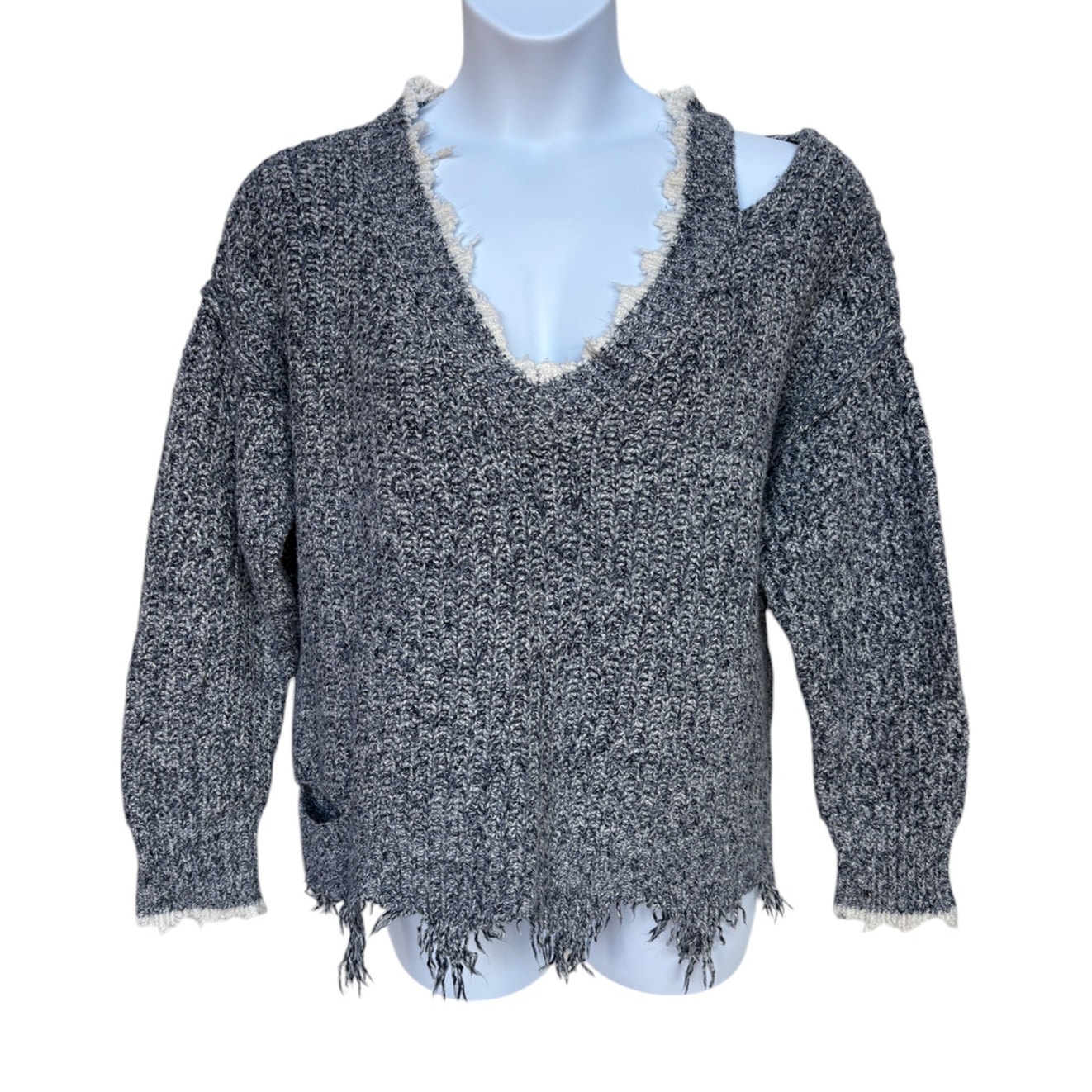 Wildfox Marled Soft Chunky Knit Distressed V-Neck Sweater With Fringe Size M